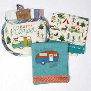 Design Imports Travel Trailer Kitchen Lot Tea Towels Happy Camper Potholder Set